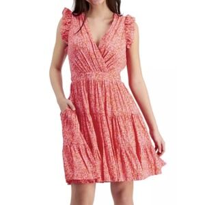 Rachel Zoe Women Pink Orange Floral Print Ruffle‎ Sleeve Tiered Mini Dress Sz 4